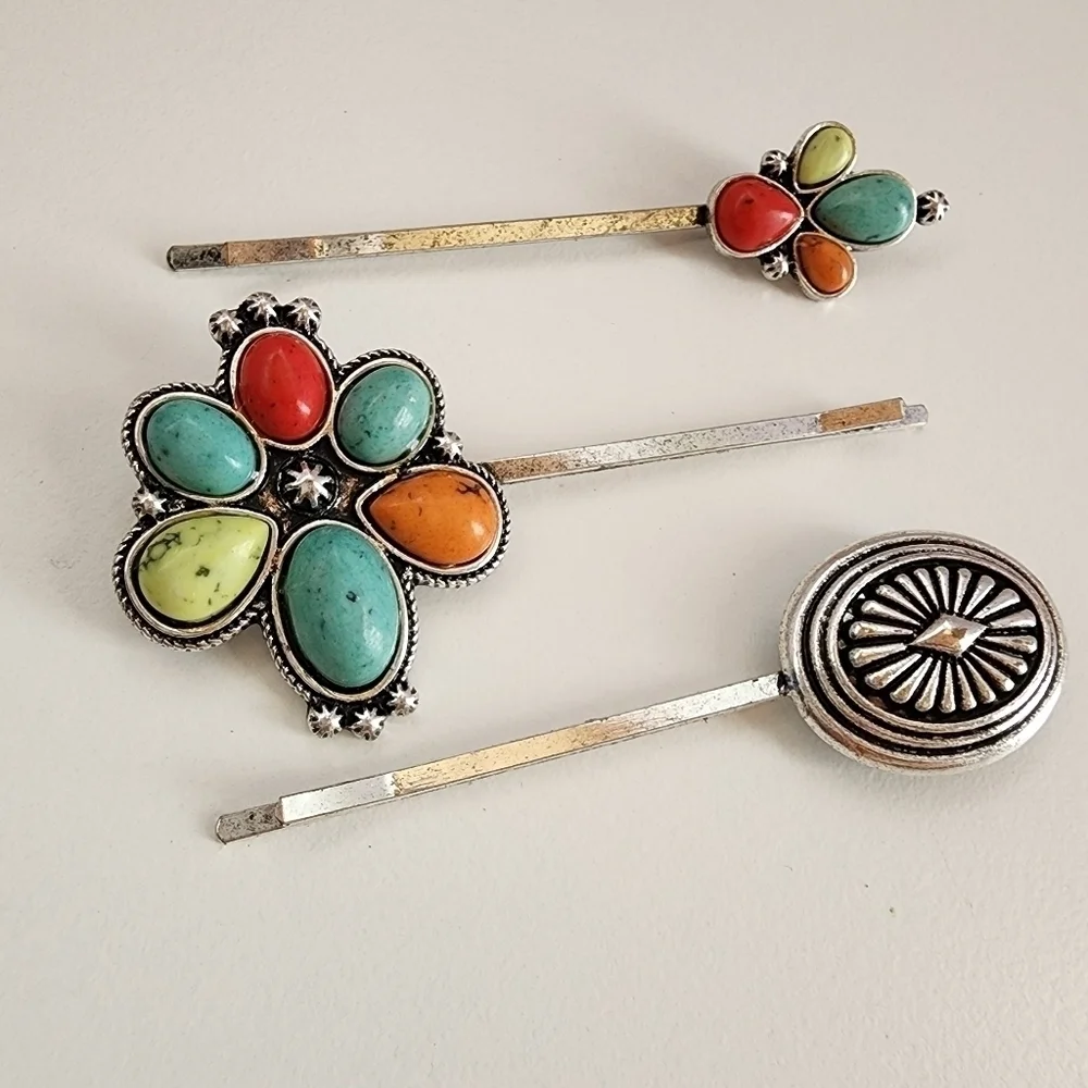 3PCS Boho Floral Mutli Stone Antique Metal Bobby Hair Pins
